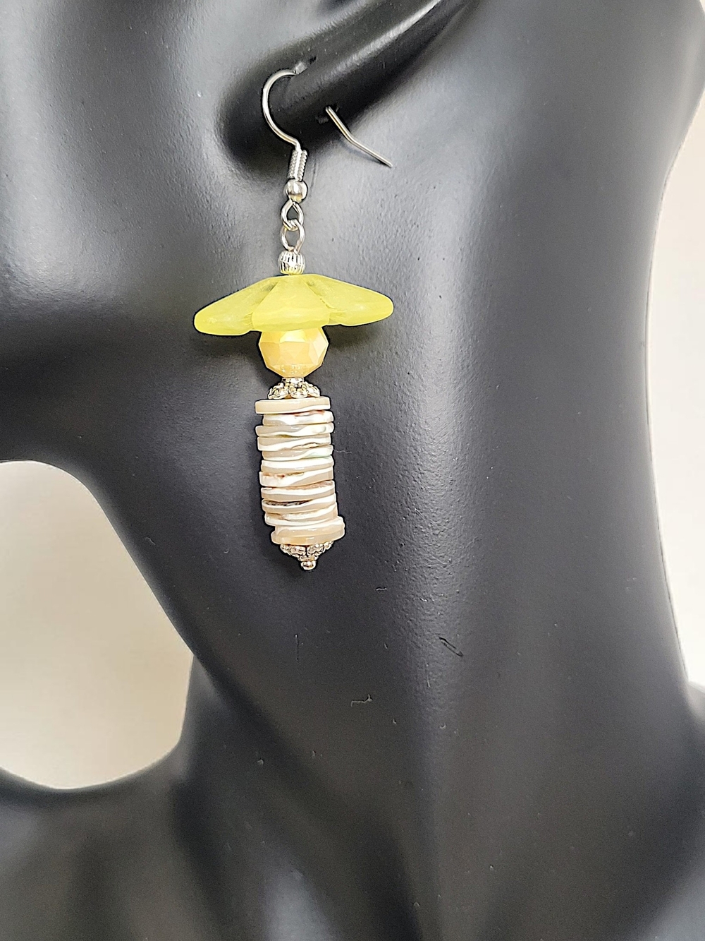 Hand Crafted Yellow Lucite, Glass & Mother of Pearl Shell Stack Dangle Earrings - Picture 8 of 10